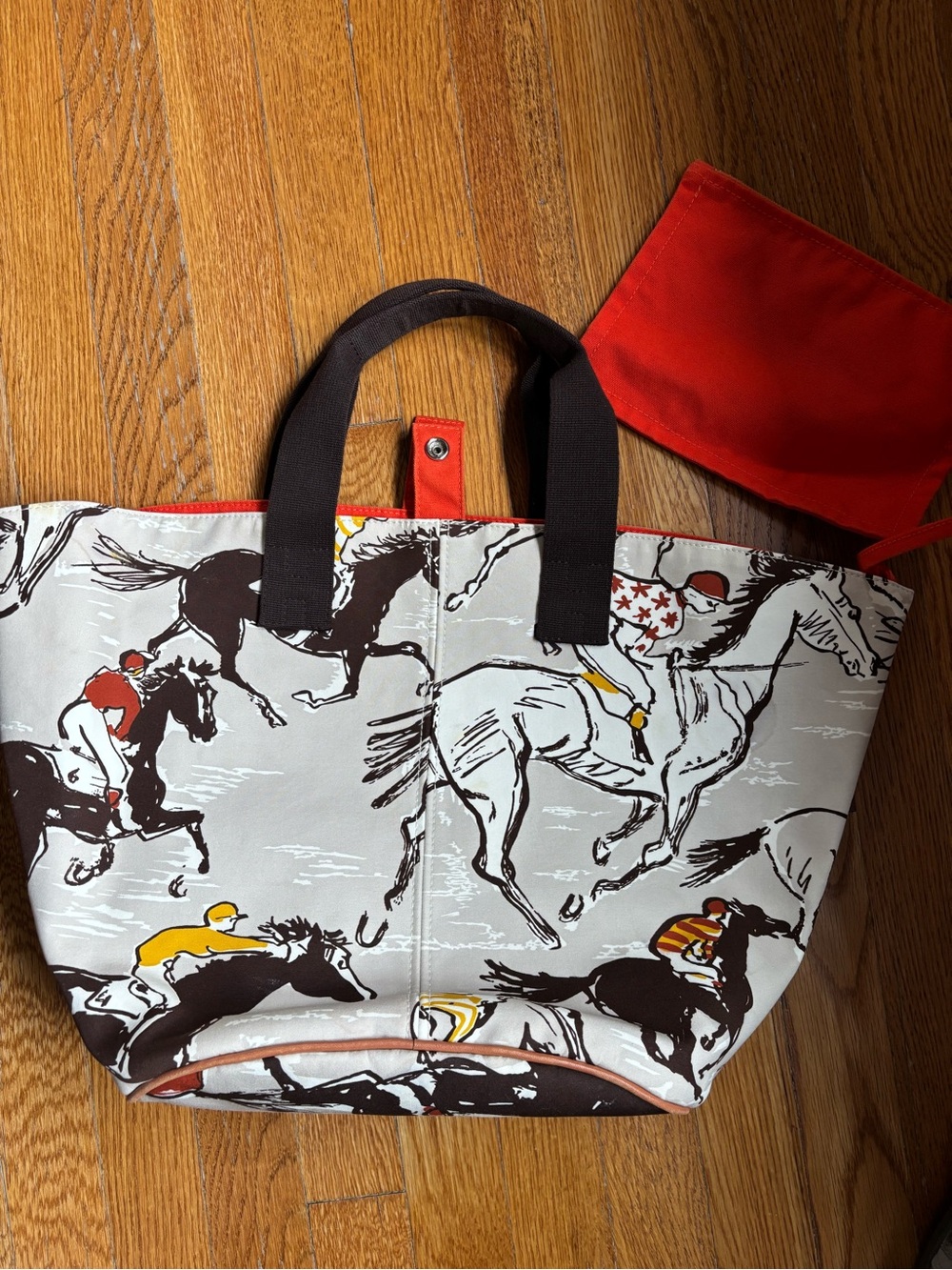 Hermes Panie De Plage Horse Print Canvas Tote with orange pouch.